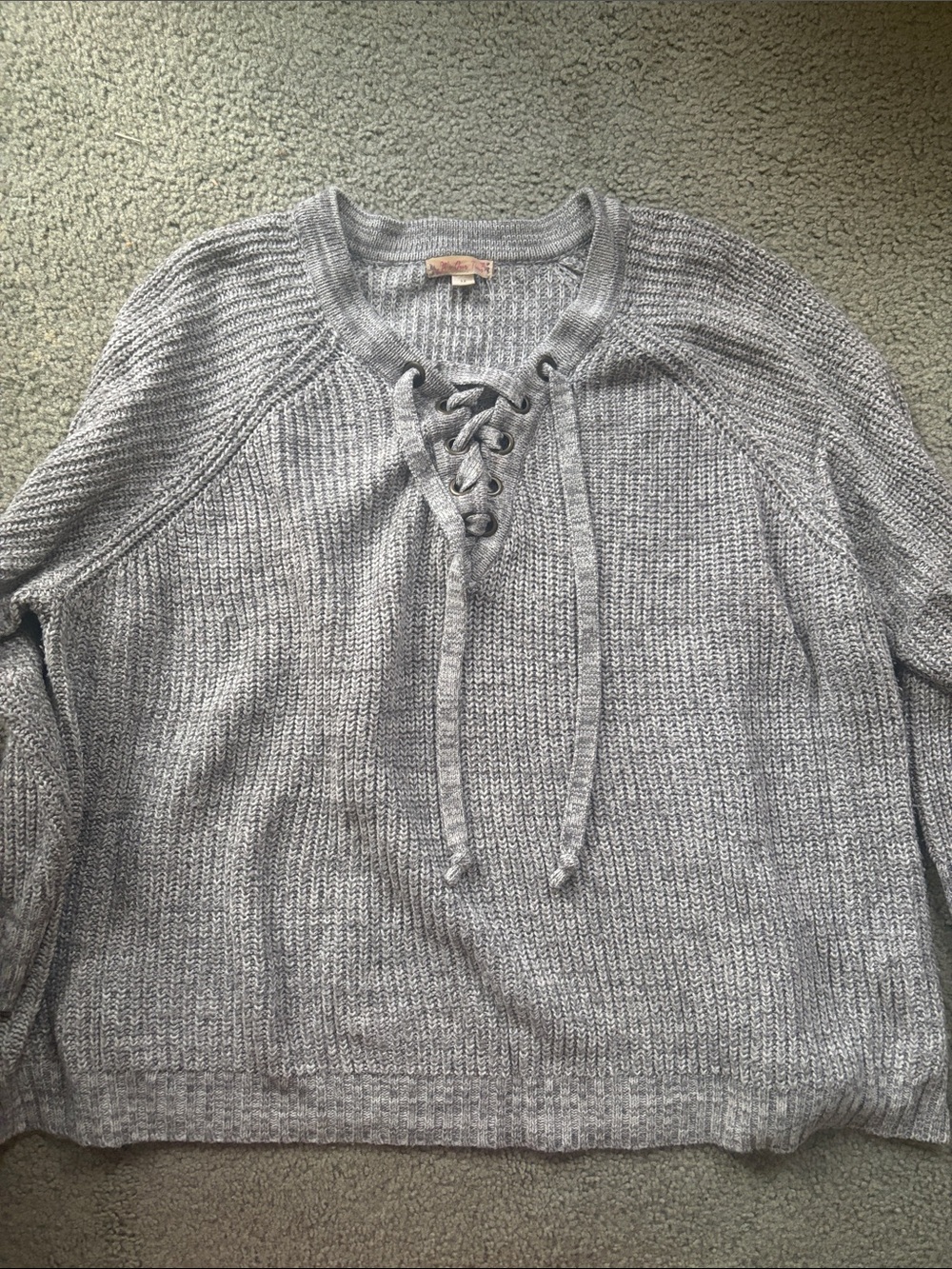 It's Our Time Gray Lace-Up Crewneck Sweater